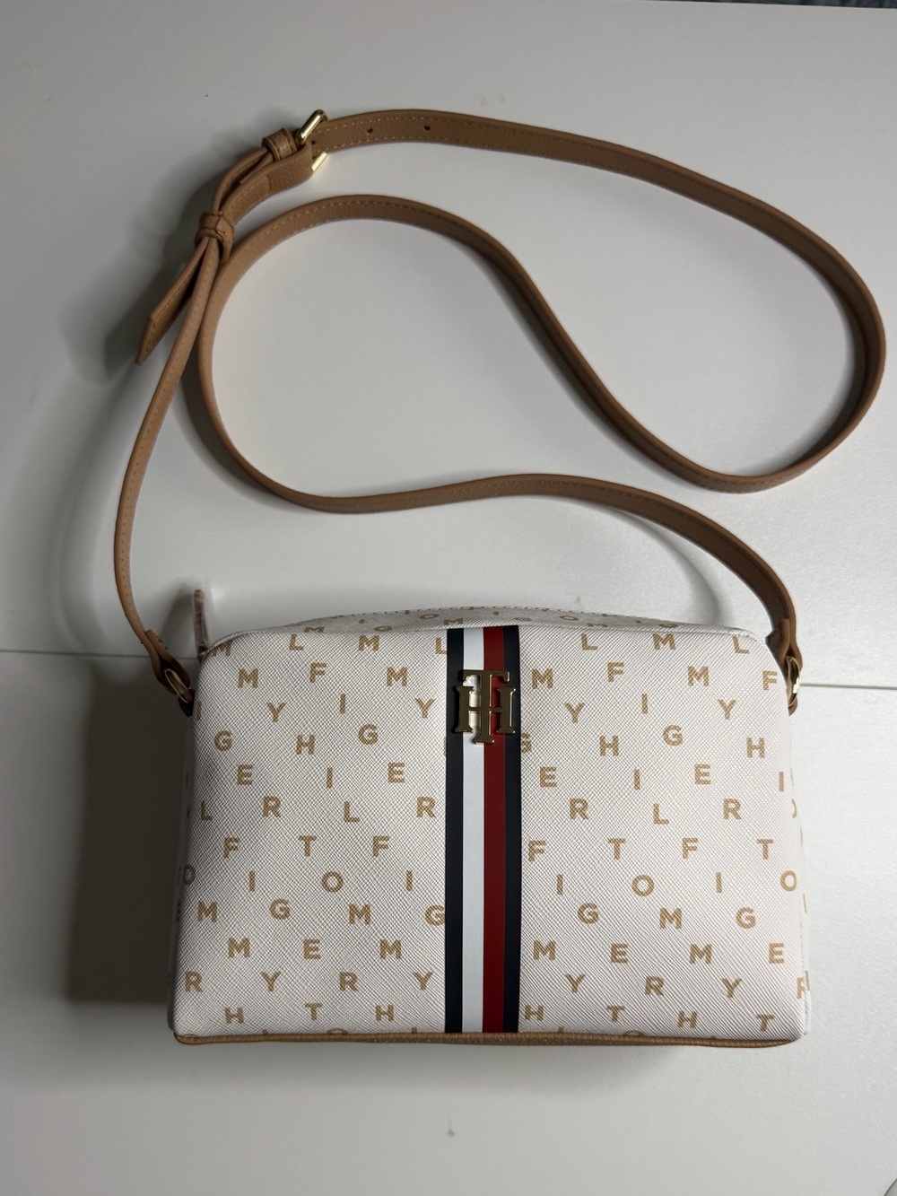 Tommy Hilfiger Small Monogram Crossbody Bag Beige/White Stripe Zip Adjustable
